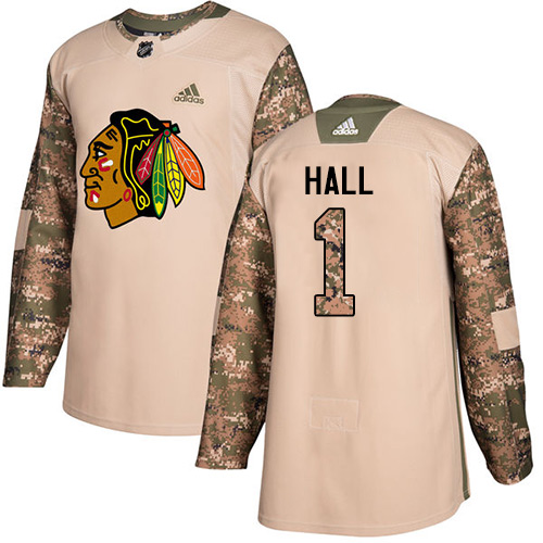 Adidas Blackhawks #1 Glenn Hall Camo Authentic Veterans Day Stitched NHL Jersey